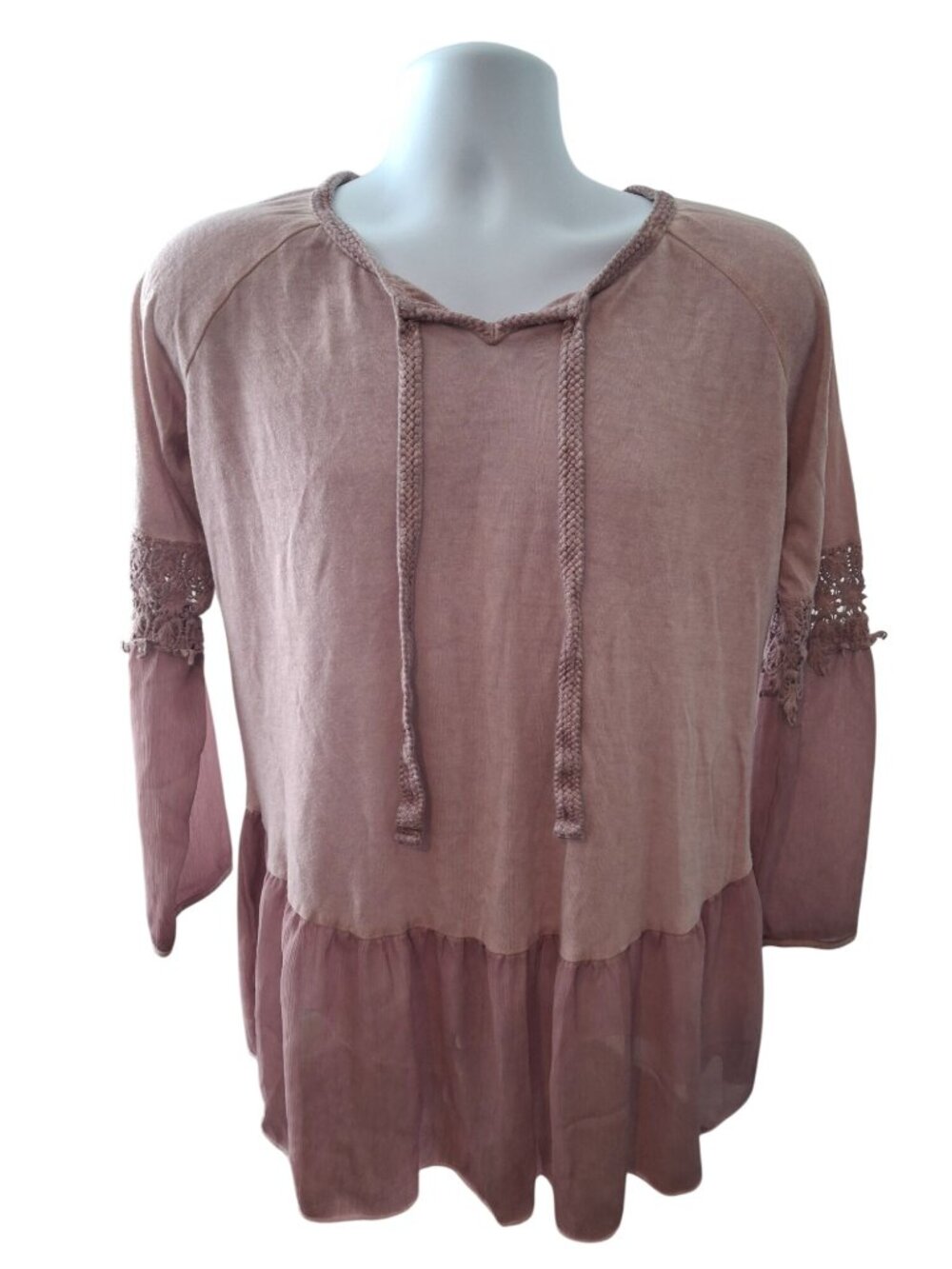 Christian Caliendo Mauve Boho Tunic Lace Bell Sleeve Made USA Cottagecore Top
